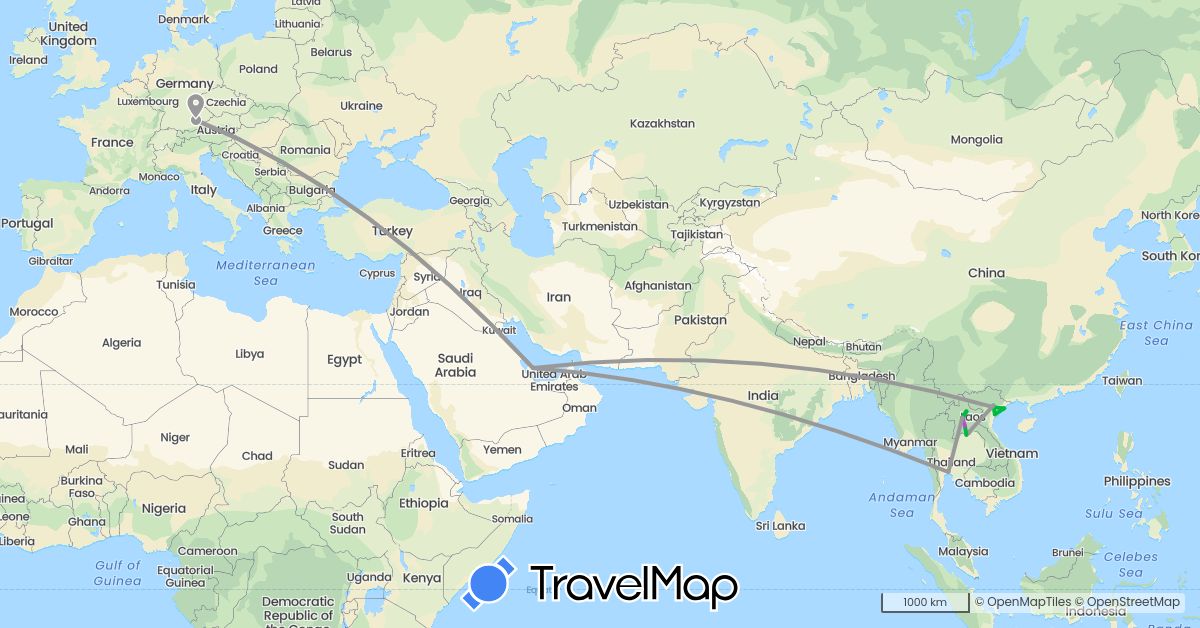 TravelMap itinerary: driving, bus, plane, train in Germany, Laos, Qatar, Thailand, Vietnam (Asia, Europe)